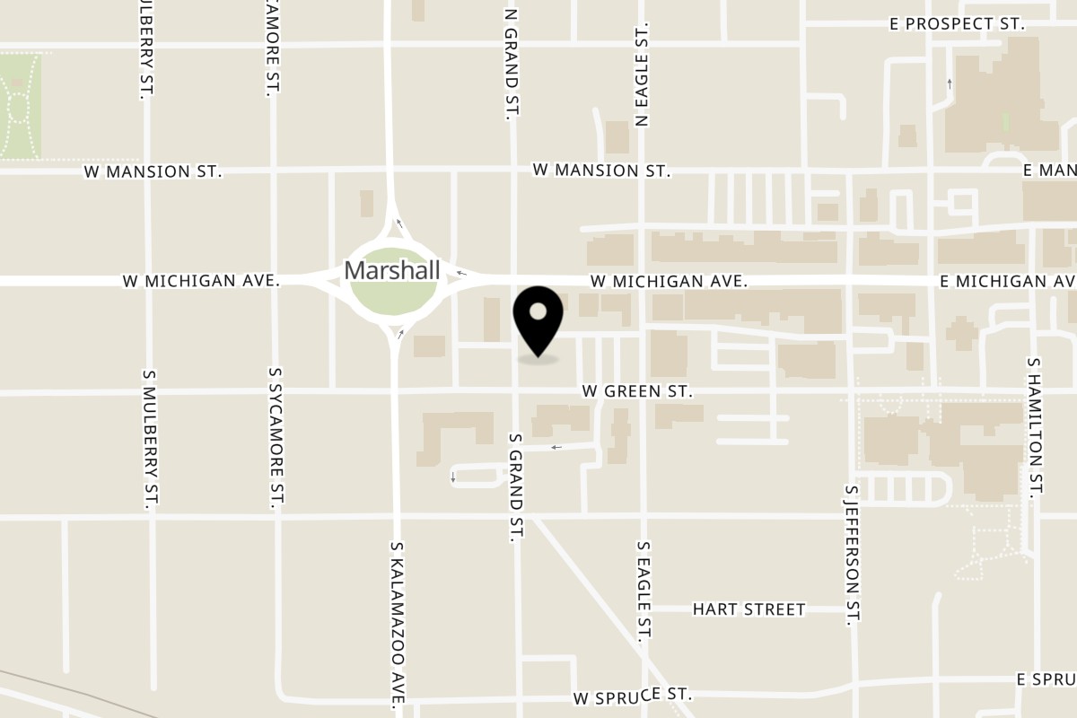 Map showing the location of Home Slice Pizzeria on 115 S Grand St in Marshall